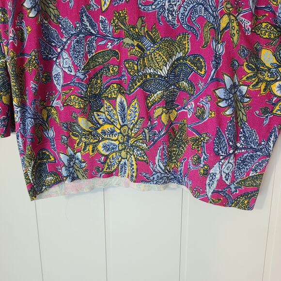 Talbots Sweater Women's Size XL Crew Neck 3/4 Sleeve Pink Blue Floral Cotton - Picture 6 of 8